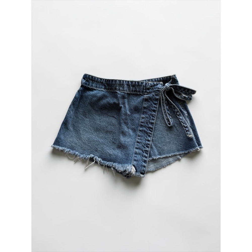 We The Free Free People Denim Wrap Skort Blue Raw Hem Side Tie Womens Size 0